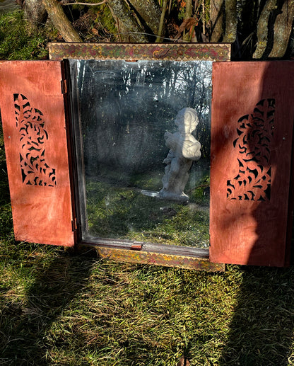 Handcrafted Malaysian Mirror Cabinet with Painted Wing Doors – Folk Art Mirror with Brass Details