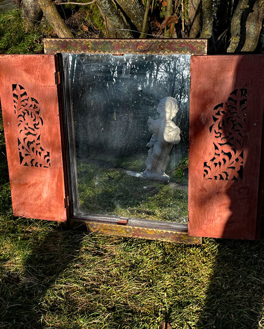 Handcrafted Malaysian Mirror Cabinet with Painted Wing Doors – Folk Art Mirror with Brass Details