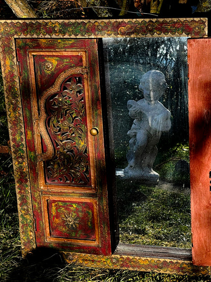 Handcrafted Malaysian Mirror Cabinet with Painted Wing Doors – Folk Art Mirror with Brass Details