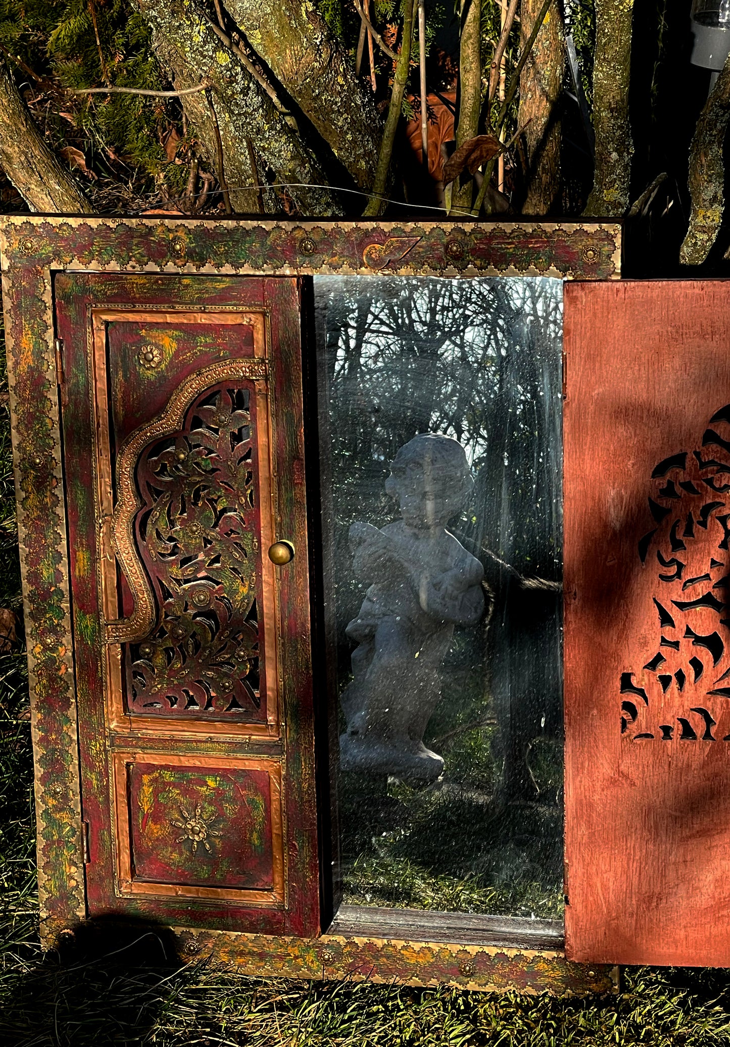 Handcrafted Malaysian Mirror Cabinet with Painted Wing Doors – Folk Art Mirror with Brass Details