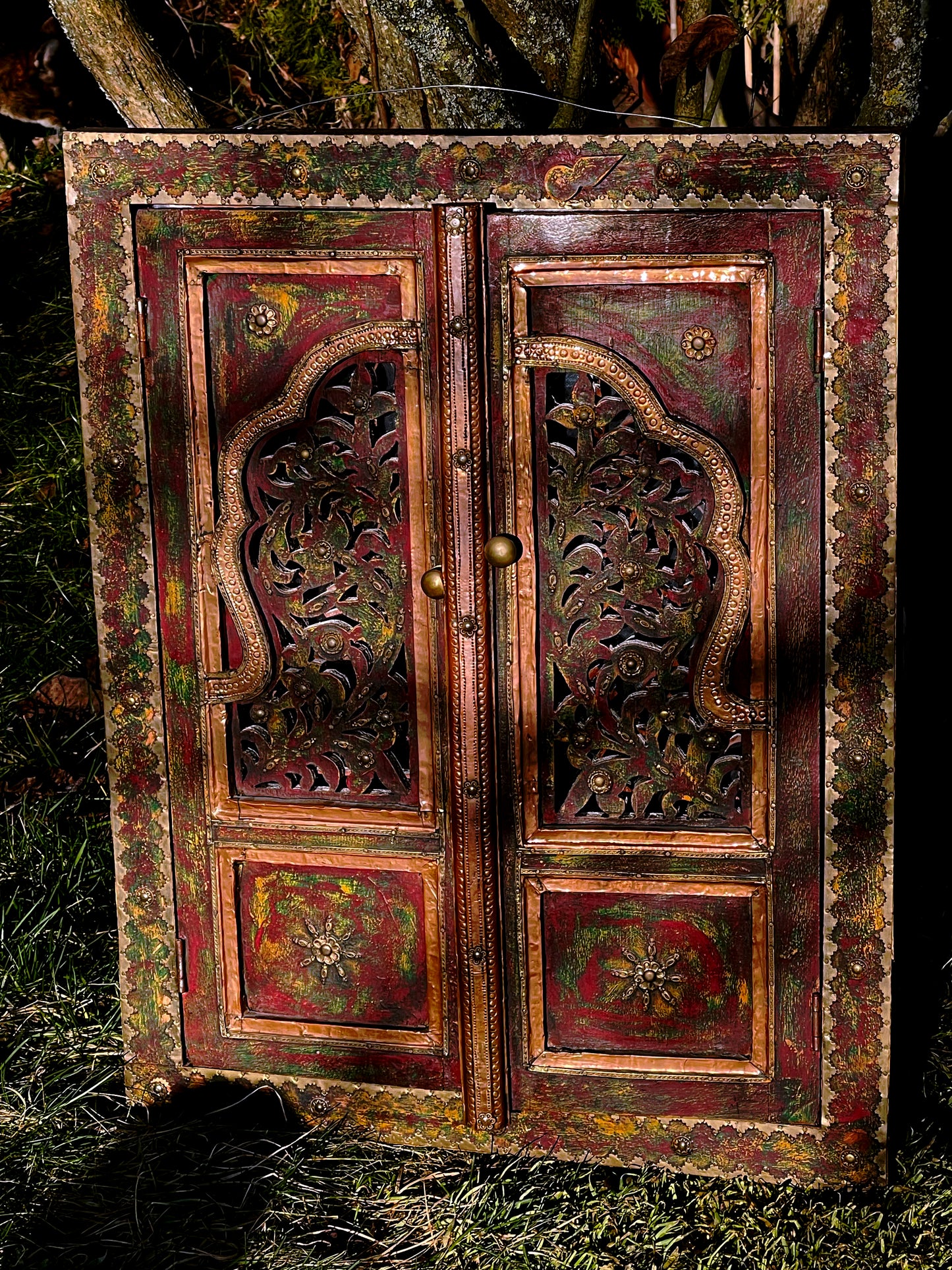 Handcrafted Malaysian Mirror Cabinet with Painted Wing Doors – Folk Art Mirror with Brass Details