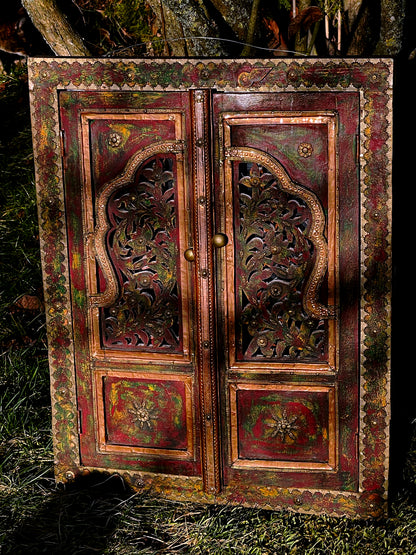 Handcrafted Malaysian Mirror Cabinet with Painted Wing Doors – Folk Art Mirror with Brass Details