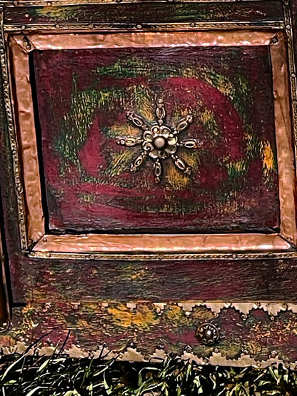 Handcrafted Malaysian Mirror Cabinet with Painted Wing Doors – Folk Art Mirror with Brass Details