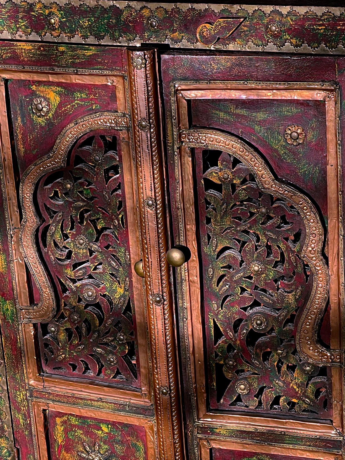 Handcrafted Malaysian Mirror Cabinet with Painted Wing Doors – Folk Art Mirror with Brass Details