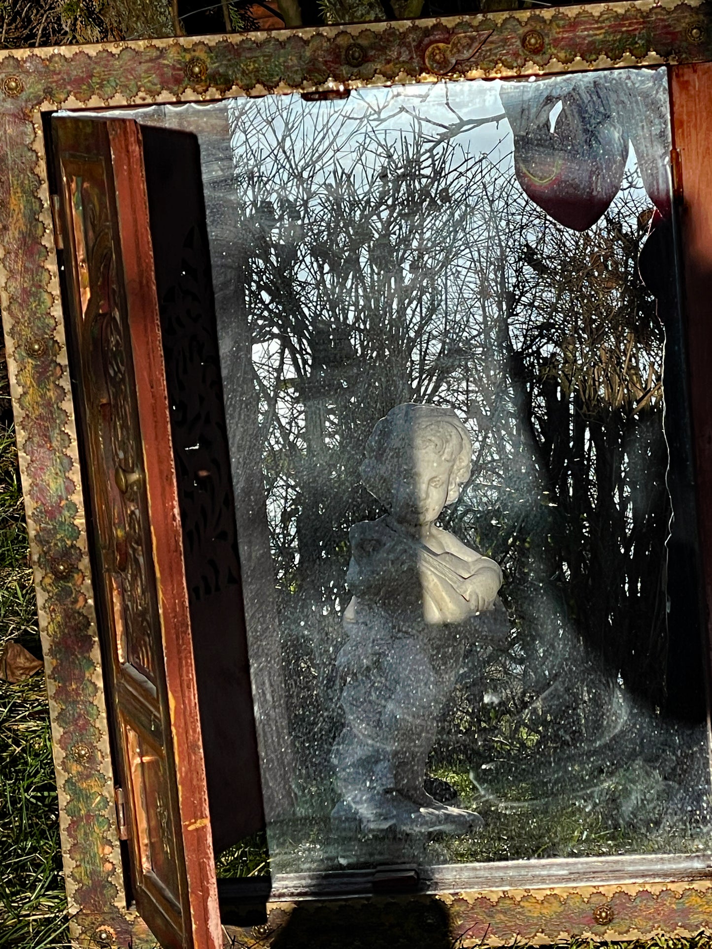 Handcrafted Malaysian Mirror Cabinet with Painted Wing Doors – Folk Art Mirror with Brass Details