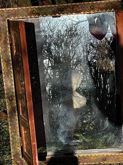 Handcrafted Malaysian Mirror Cabinet with Painted Wing Doors – Folk Art Mirror with Brass Details