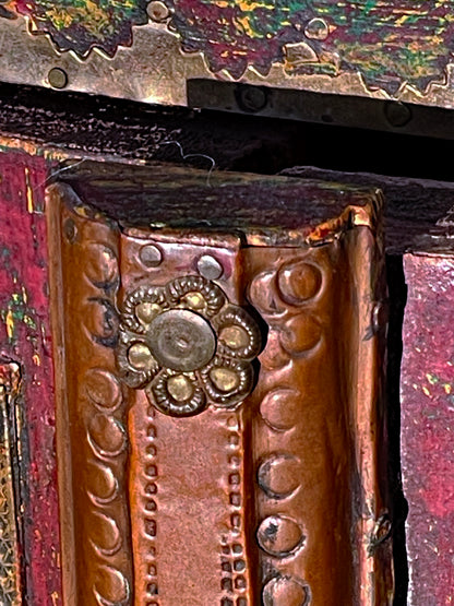 Handcrafted Malaysian Mirror Cabinet with Painted Wing Doors – Folk Art Mirror with Brass Details