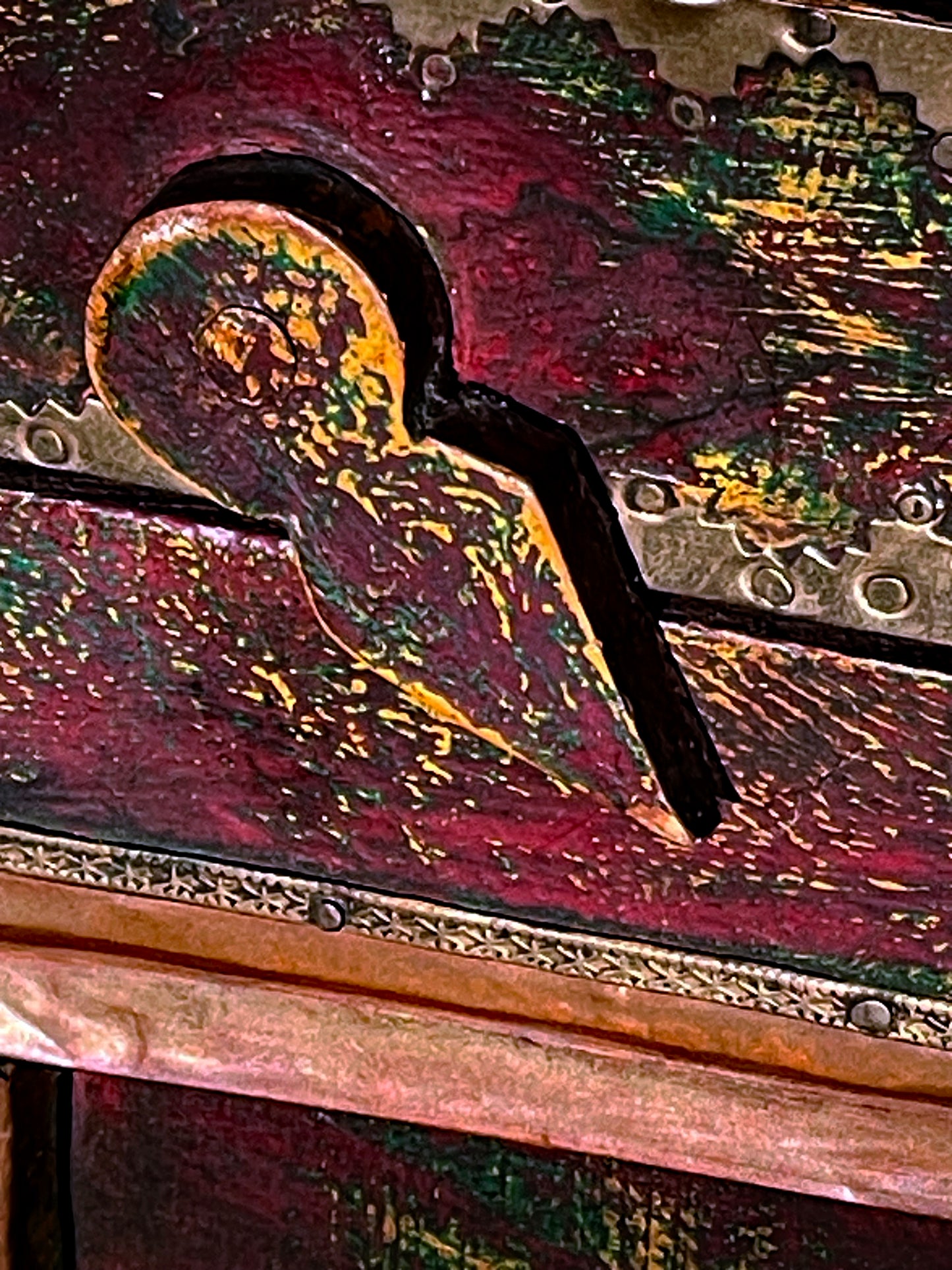 Handcrafted Malaysian Mirror Cabinet with Painted Wing Doors – Folk Art Mirror with Brass Details