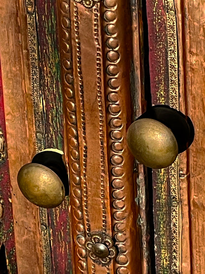 Handcrafted Malaysian Mirror Cabinet with Painted Wing Doors – Folk Art Mirror with Brass Details