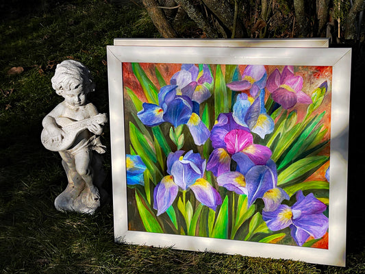 Pair of Original Floral Oil Paintings on Canvas – Large Decorative Botanical Artworks in White Frames