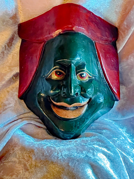 🎭 Antique Japanese Kyōgen Mask — Demé School Kaminari/Kappa Spirit, 19th Century Hand-Carved Wood with Urushi Lacquer