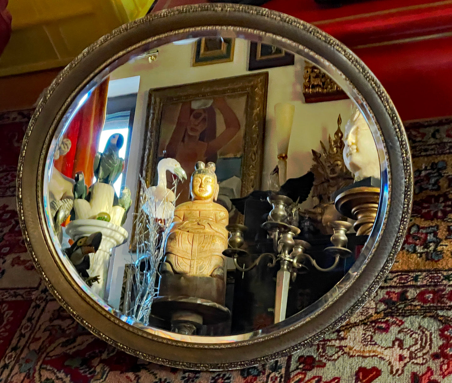 Antique Oval Faceted Crystal Mirror with Ornate Gilt Frame – Hand-Chiselled Decorative Frame, 56 × 66 cm