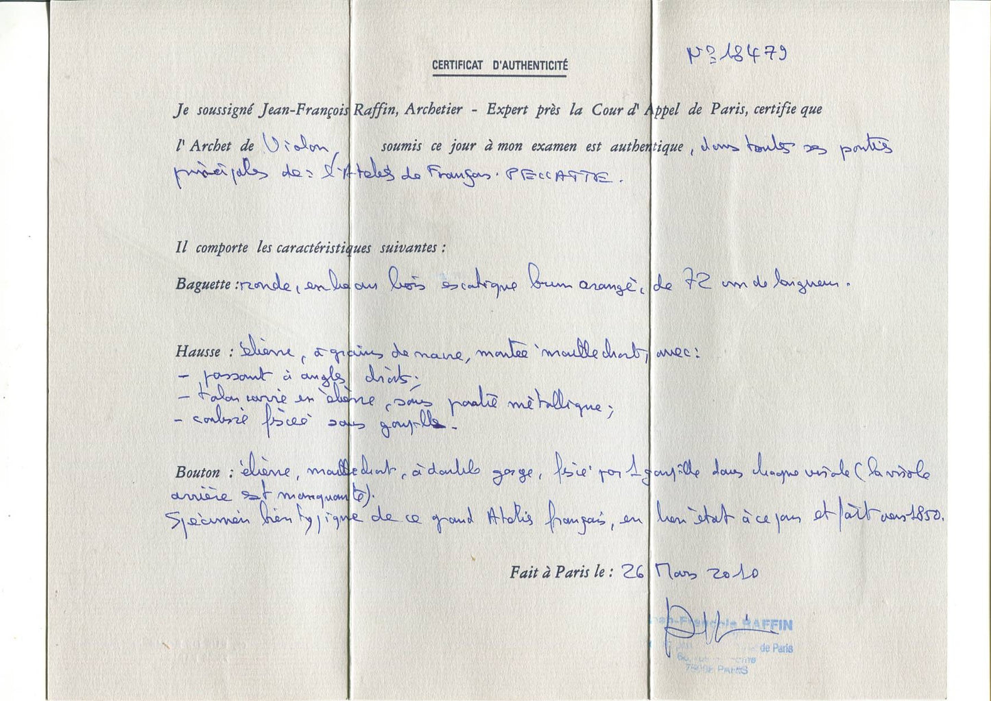 Fine French Violin Bow "FR PECCATTE" – Certified by Jean-François Raffin (Paris)