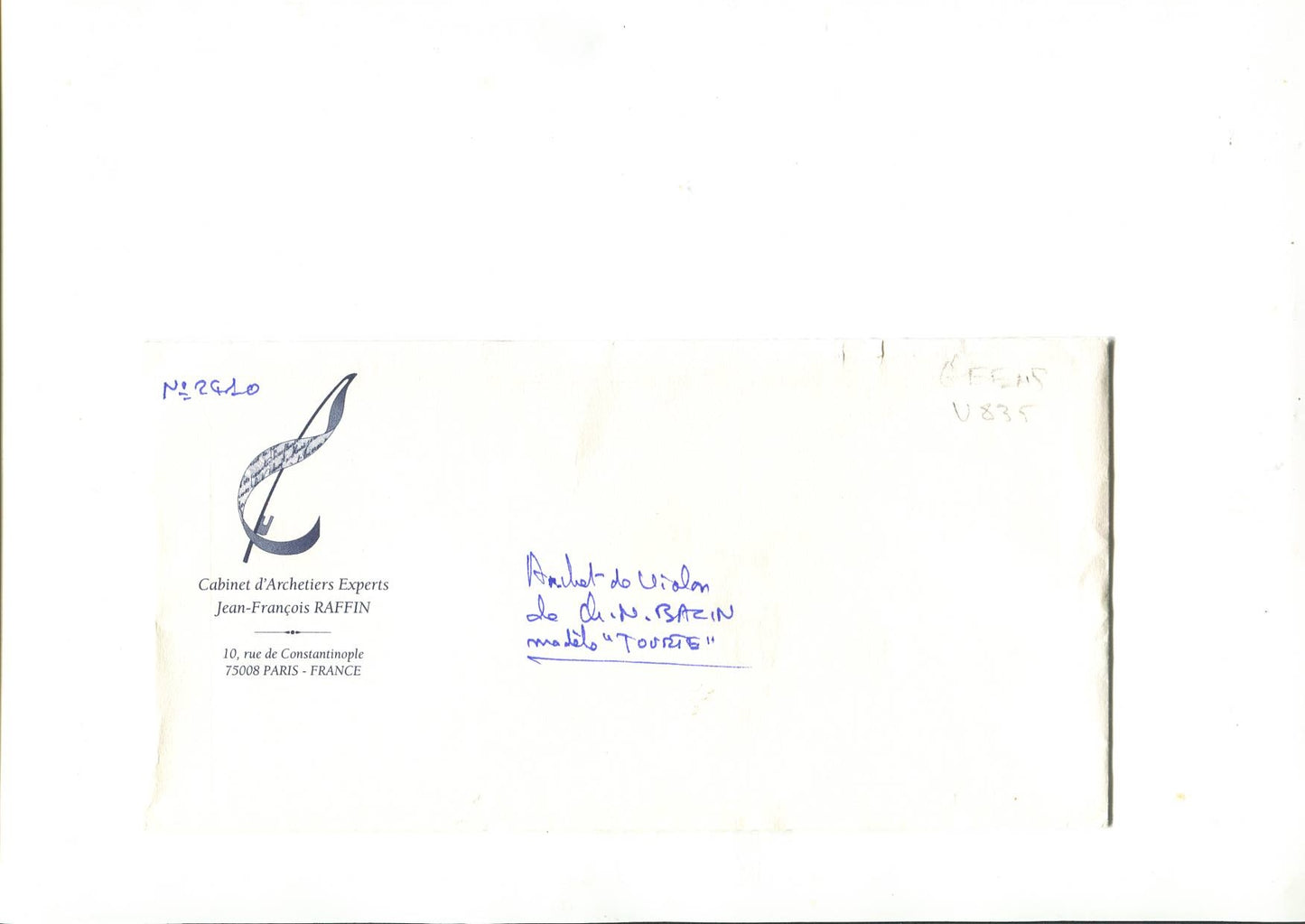 Charles Nicolas Bazin Violin Bow – “Tourte” Model, Certified by Raffin (Paris)