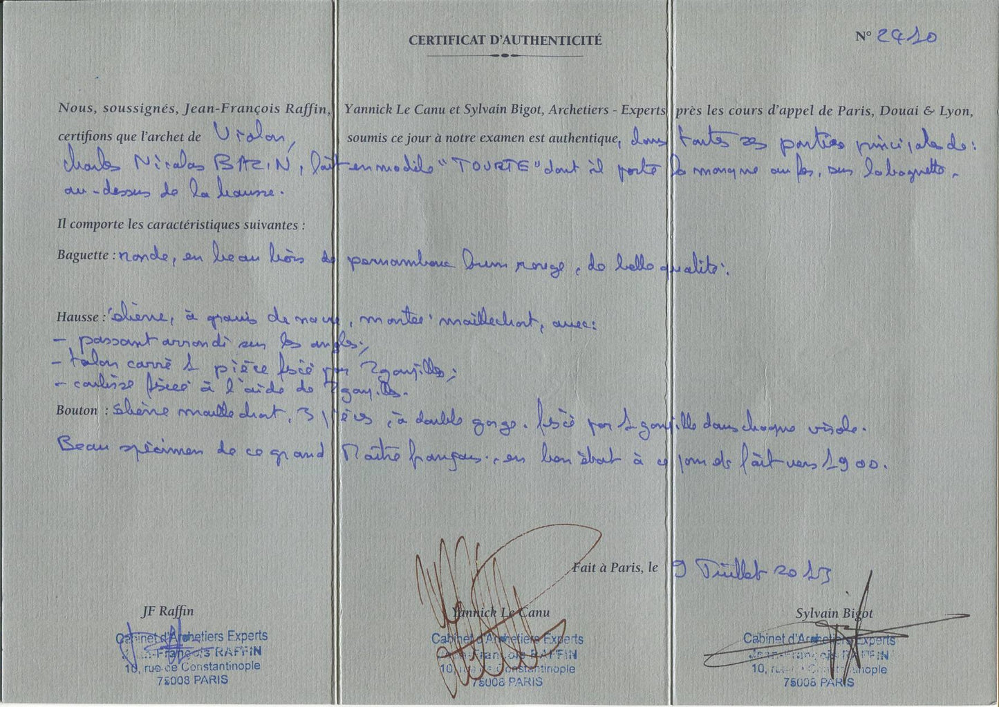 Charles Nicolas Bazin Violin Bow – “Tourte” Model, Certified by Raffin (Paris)