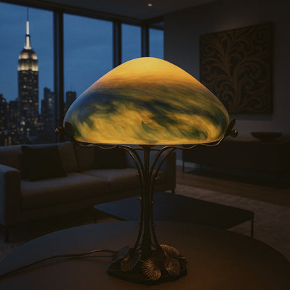 Artistic French Wrought Iron Table Lamp with Pâte de Verre Shade | Gingko Decor