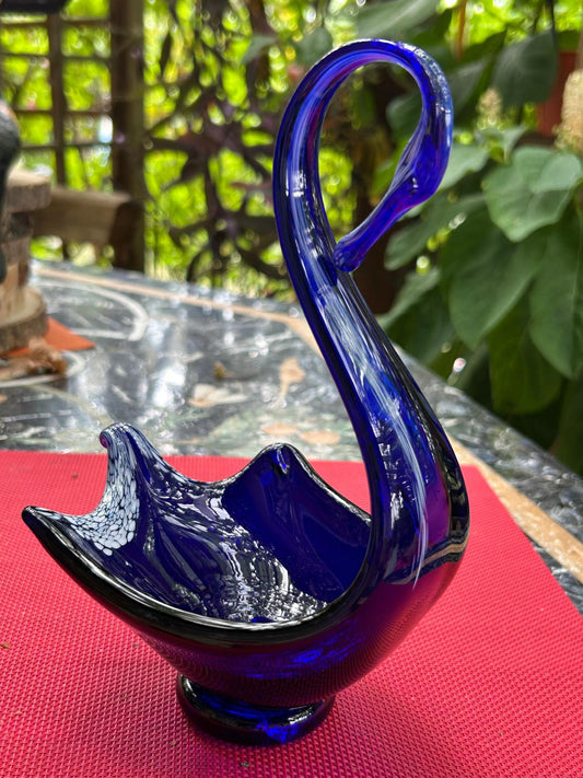 Cobalt blue Murano glass swan bowl with curved neck and white speckled interior
