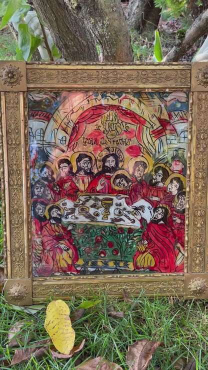 The Last Supper – Hand-Painted Reverse Glass Icon with 24k Gold Leaf in Ornate Gilded Frame