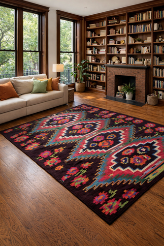[SOLD] Transylvanian Handwoven 100% Wool Rug | Red-Blue Flowers